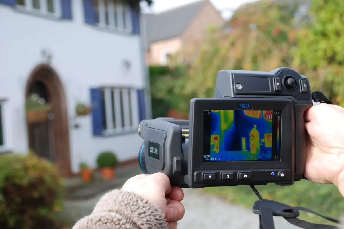 A handheld thermal imaging camera showing a color heat map